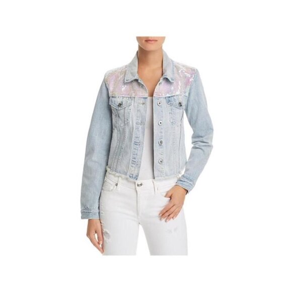 Sunset & Spring “Mermaid” Light Wash Sequin Denim Jacket, Size XS - Picture 3 of 13